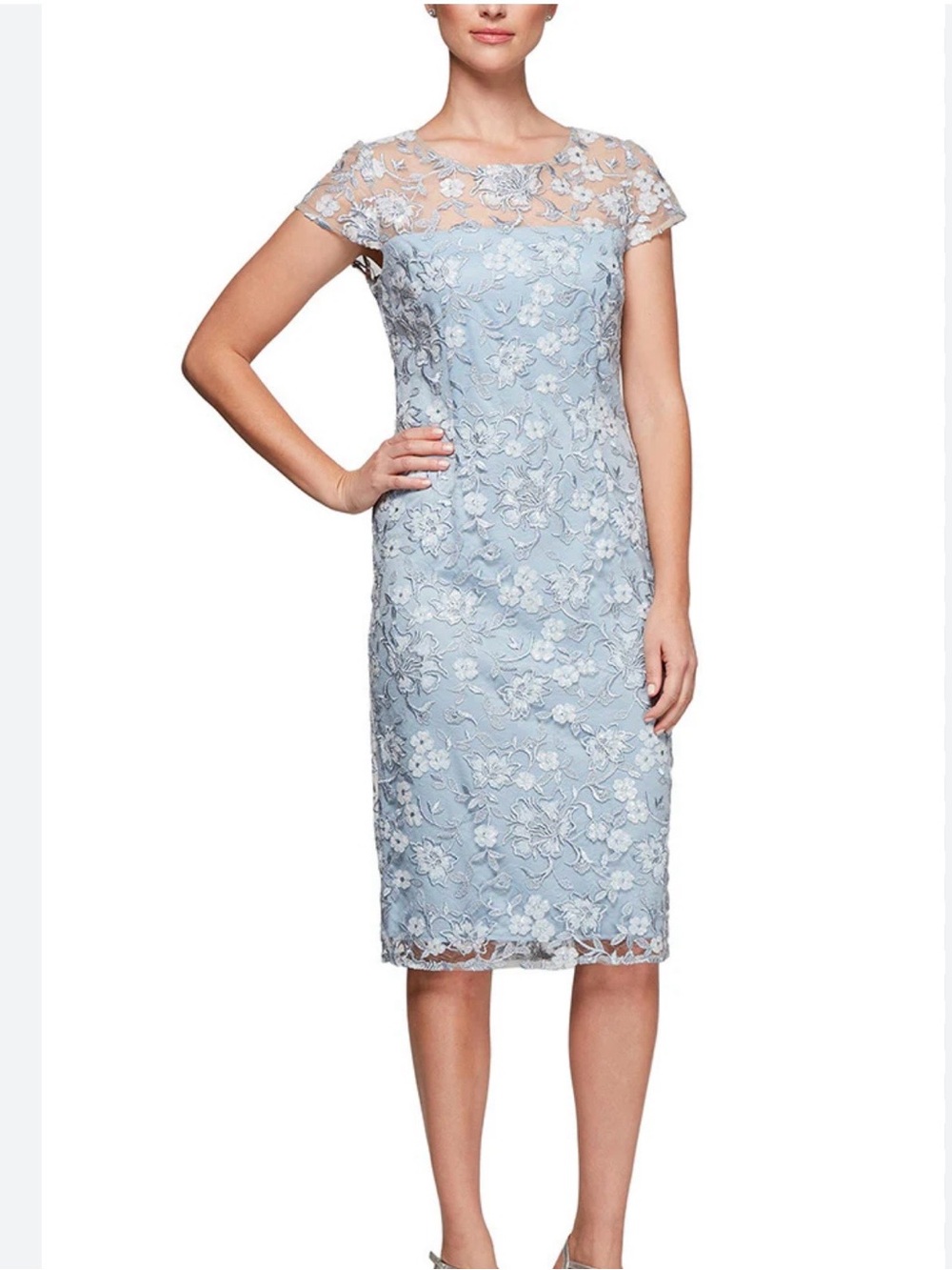 Alex Evenings Light Blue Floral Lace Midi Dress with Illusion Yoke